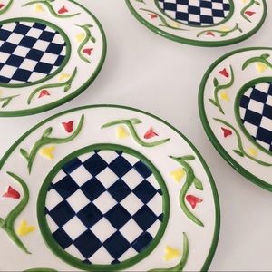 set of 4 checkered floral saucer plates